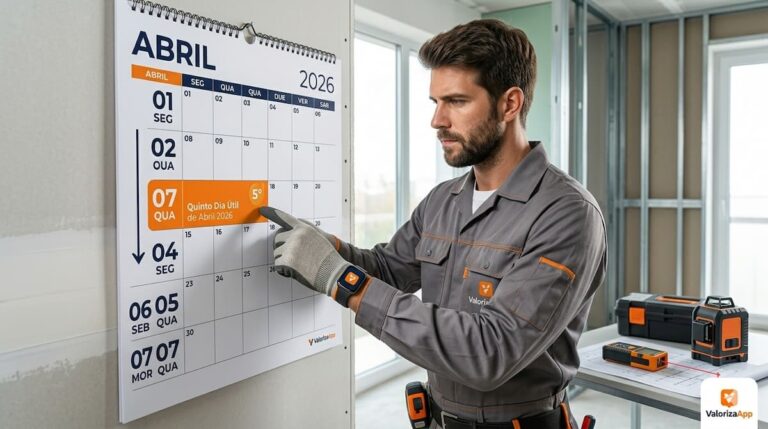 instalador de obras profissional, conferindo o calendário de abril de 2026 e usando o Valoriza App no celular para fechar orçamentos antes do feriado.