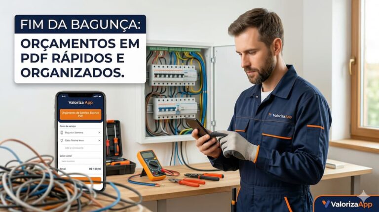 Eletricista focado no celular em oficina bem iluminada gerando orçamento elétrico profissional em PDF pelo Valoriza App - Fim da bagunça e mais organização
