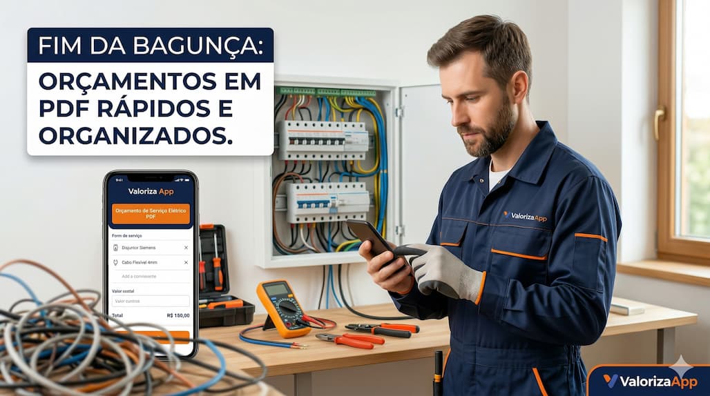 Eletricista focado no celular em oficina bem iluminada gerando orçamento elétrico profissional em PDF pelo Valoriza App - Fim da bagunça e mais organização